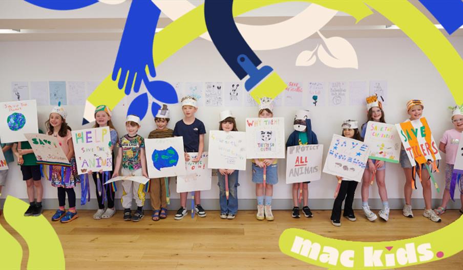Kids showing their artwork at a MAC art summer school.