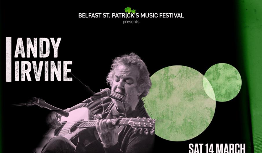 Andy Irvine playing guitar and six-piece Muireann Nic Amhlaoibh Band sitting