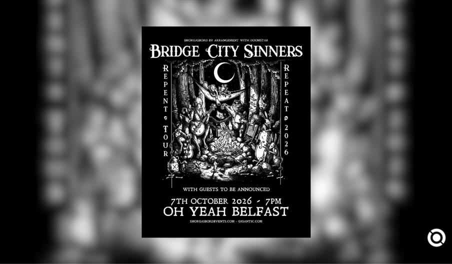 A tour poster for "**BRIDGE CITY SINNERS**," presented by Smörgåsbord by arrangement with Doomstar. The poster features a highly detailed, black-and-w