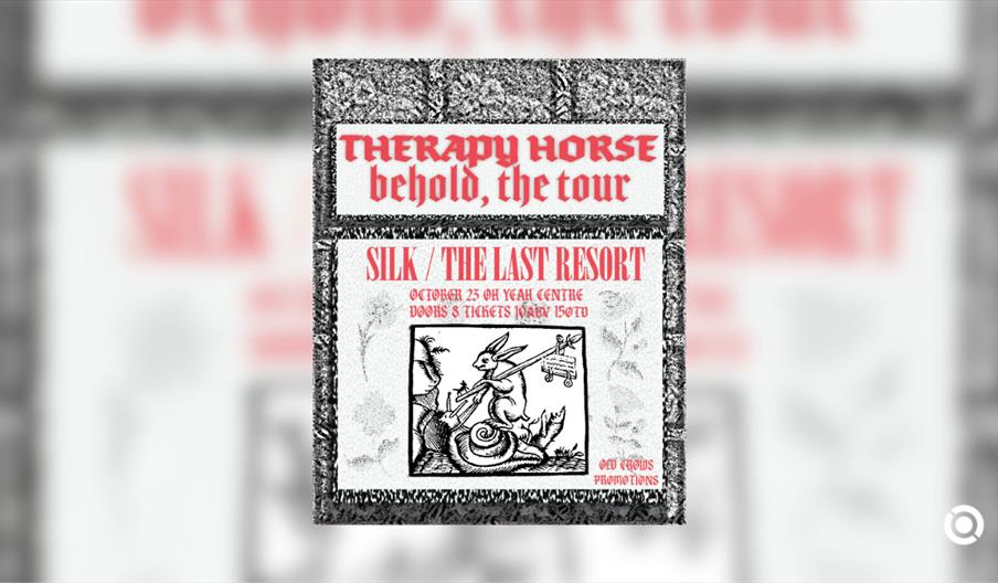An event poster from the file vb231026.jpg for "**THERAPY HORSE behold, the tour**."  The poster features a textured, grainy border surrounding two wh