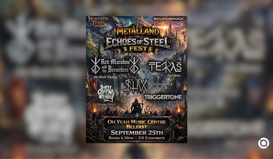 An event poster from the file vb250926.jpg for "METALLAND ECHOES OF STEEL FEST," presented by Heathen Tribe Events and Soundrock Agency. The poster fe
