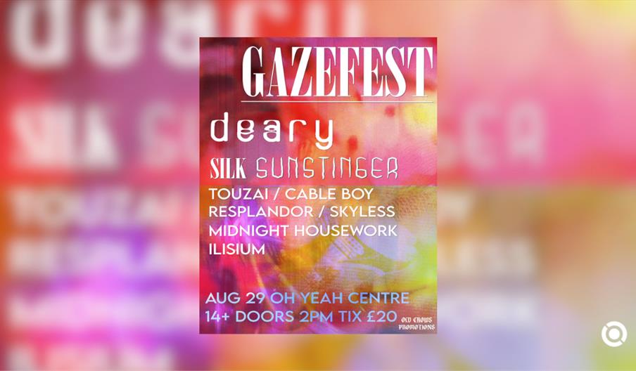 An event poster for "GAZEFEST" from the file vb290826.jpg, featuring a vibrant, multicolored psychedelic background with hues of pink, red, yellow, an