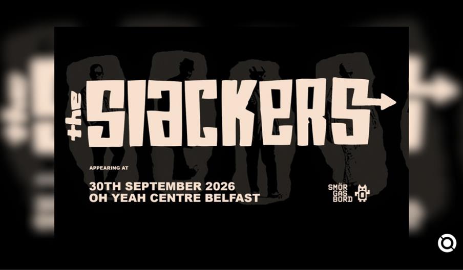 A promotional concert poster for the band **The Slackers**, featuring a high-contrast black and white design. The background is black with the band me