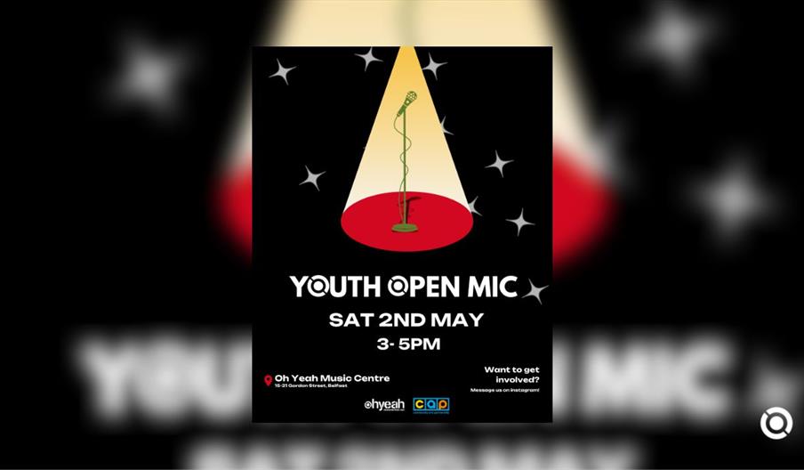 A promotional poster for a "YOUTH OPEN MIC" event. The top half features a graphic illustration of a microphone on a stand illuminated by a bright yel