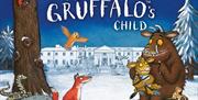 Illustration of The Gruffalo's Child at Hillsborough Castle and Gardens, featuring the Gruffalo and his child alongside woodland characters in a snowy